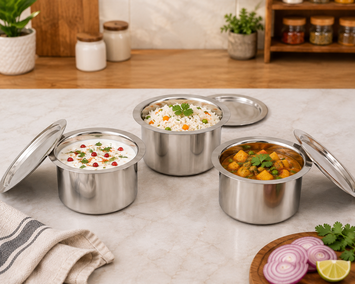 Genex Steel 3 Pc Tope Set | Stainless Steel Patila | Deep Cooking Pots | Gas & Induction Ready