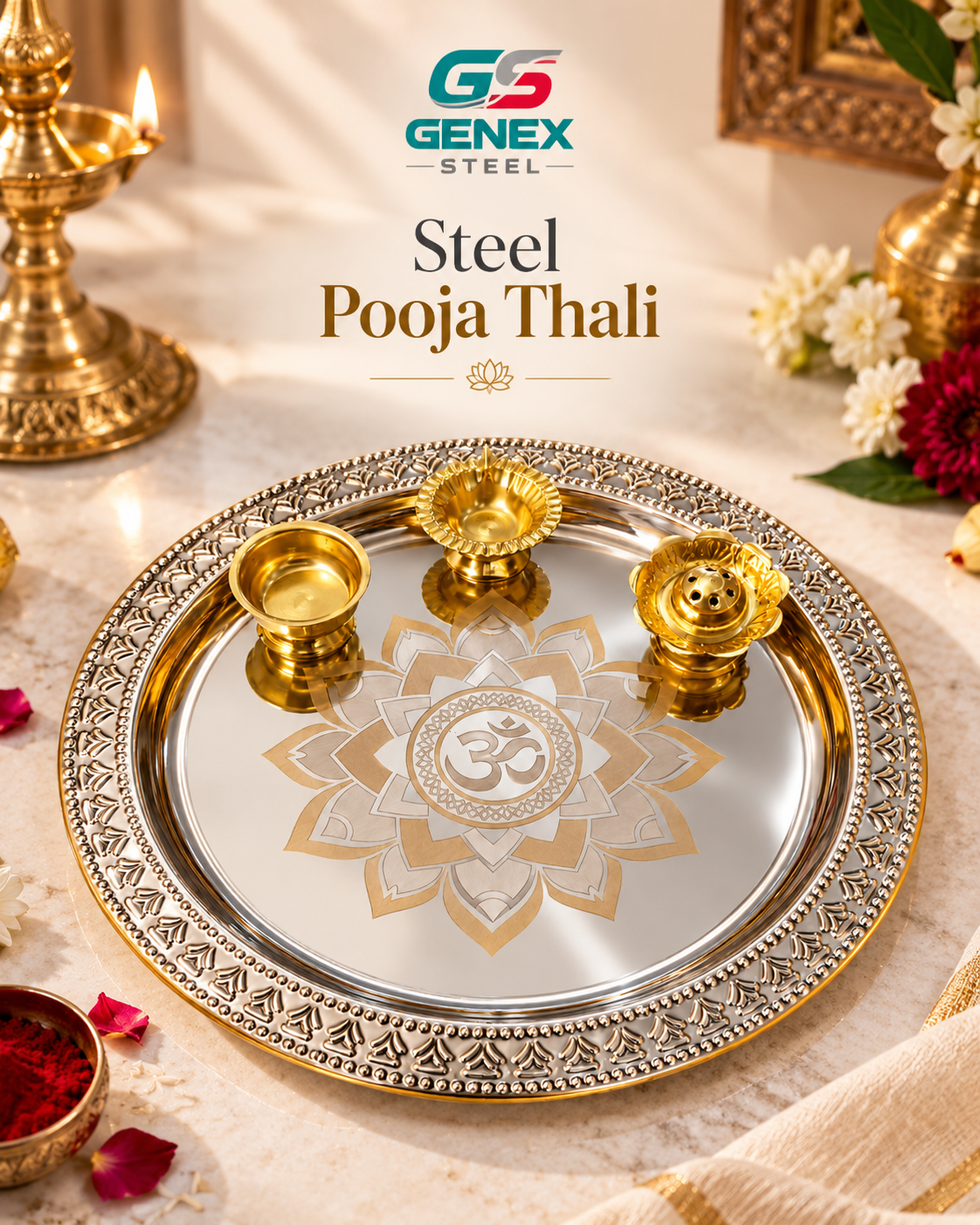 Genex Steel Pooja Thali | Stainless Steel | Puja Plate for Daily Worship & Festivals