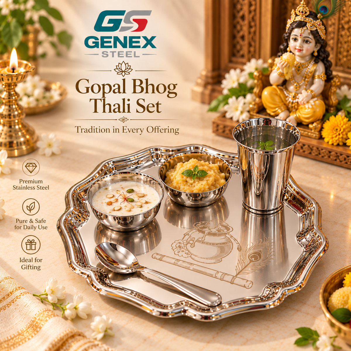 Genex Steel Gopal Bhog Thali | Stainless Steel | Devotional Offering Plate | Puja & Temple Use