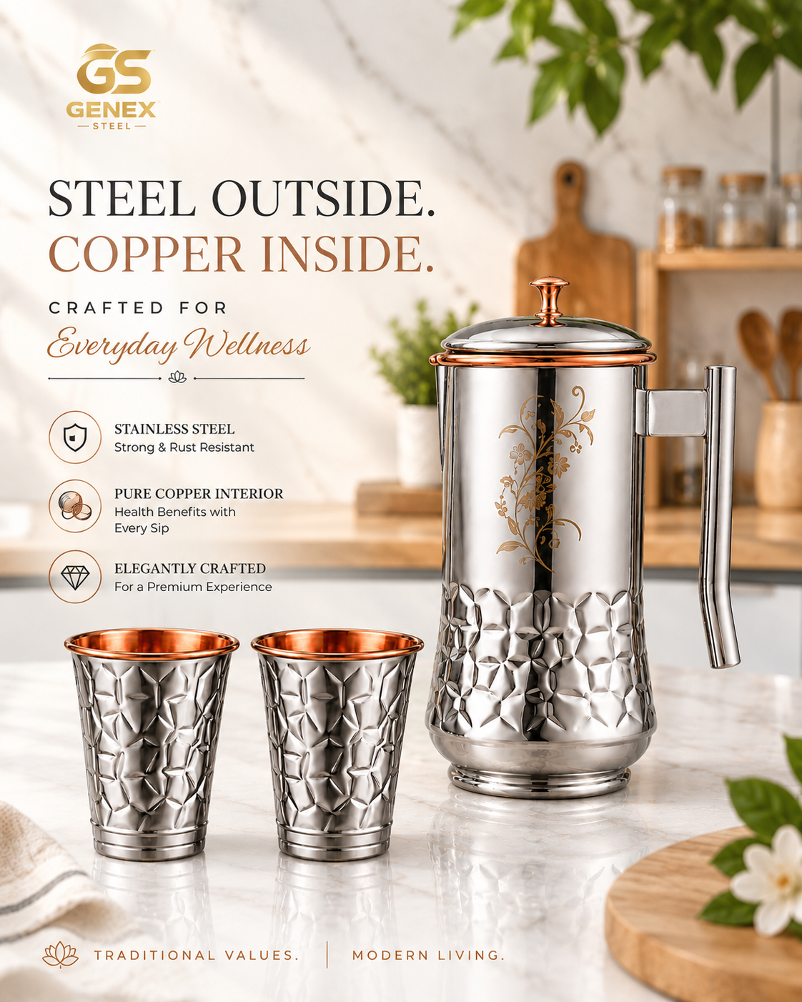 Genex Steel 3 Pc Jug Set with Copper-Lined Interior | Stainless Steel | Ayurvedic Water Storage