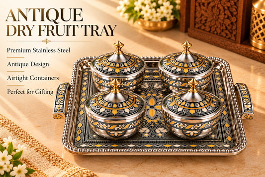 Genex Steel Antique Dry Fruit Set | Premium Gifting Box | Stainless Steel | Diwali & Festival Special