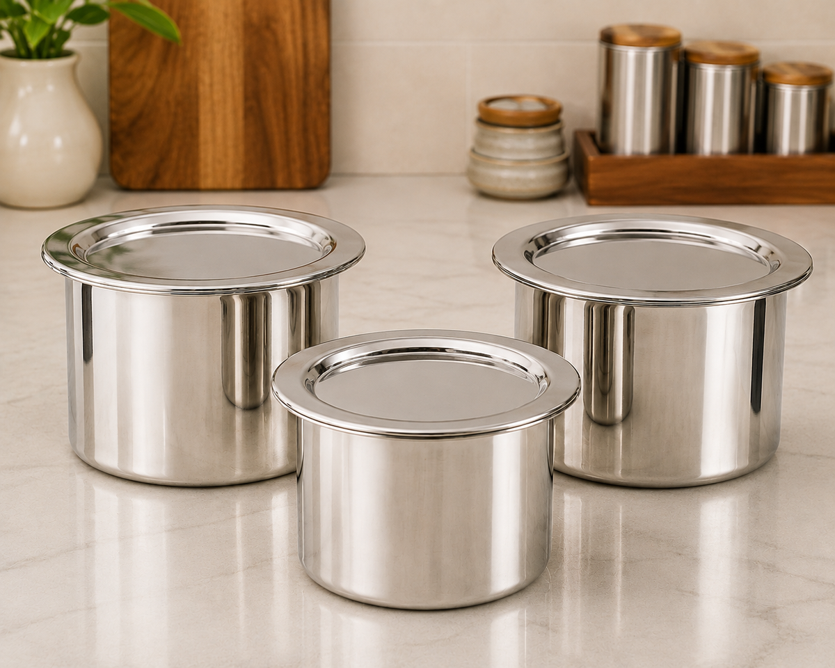 Genex Steel 3 Pc Tope Set | Stainless Steel Patila | Deep Cooking Pots | Gas & Induction Ready