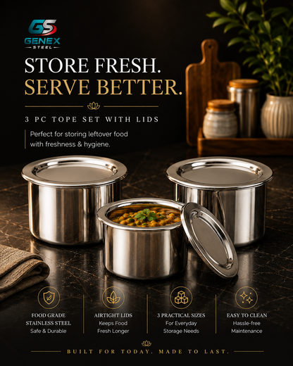 Genex Steel 3 Pc Tope Set | Stainless Steel Patila | Deep Cooking Pots | Gas & Induction Ready