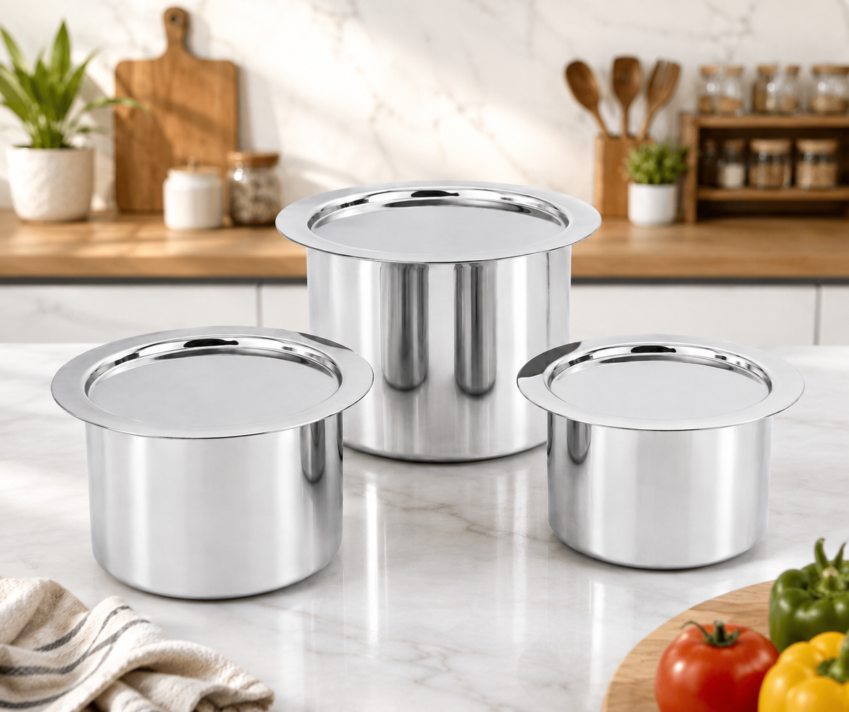 Genex Steel 3 Pc Tope Set | Stainless Steel Patila | Deep Cooking Pots | Gas & Induction Ready