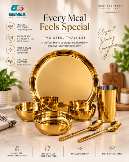 Genex Steel PVD Thali Set | Premium Gold-Tone Finish | Stainless Steel | Dining & Gifting