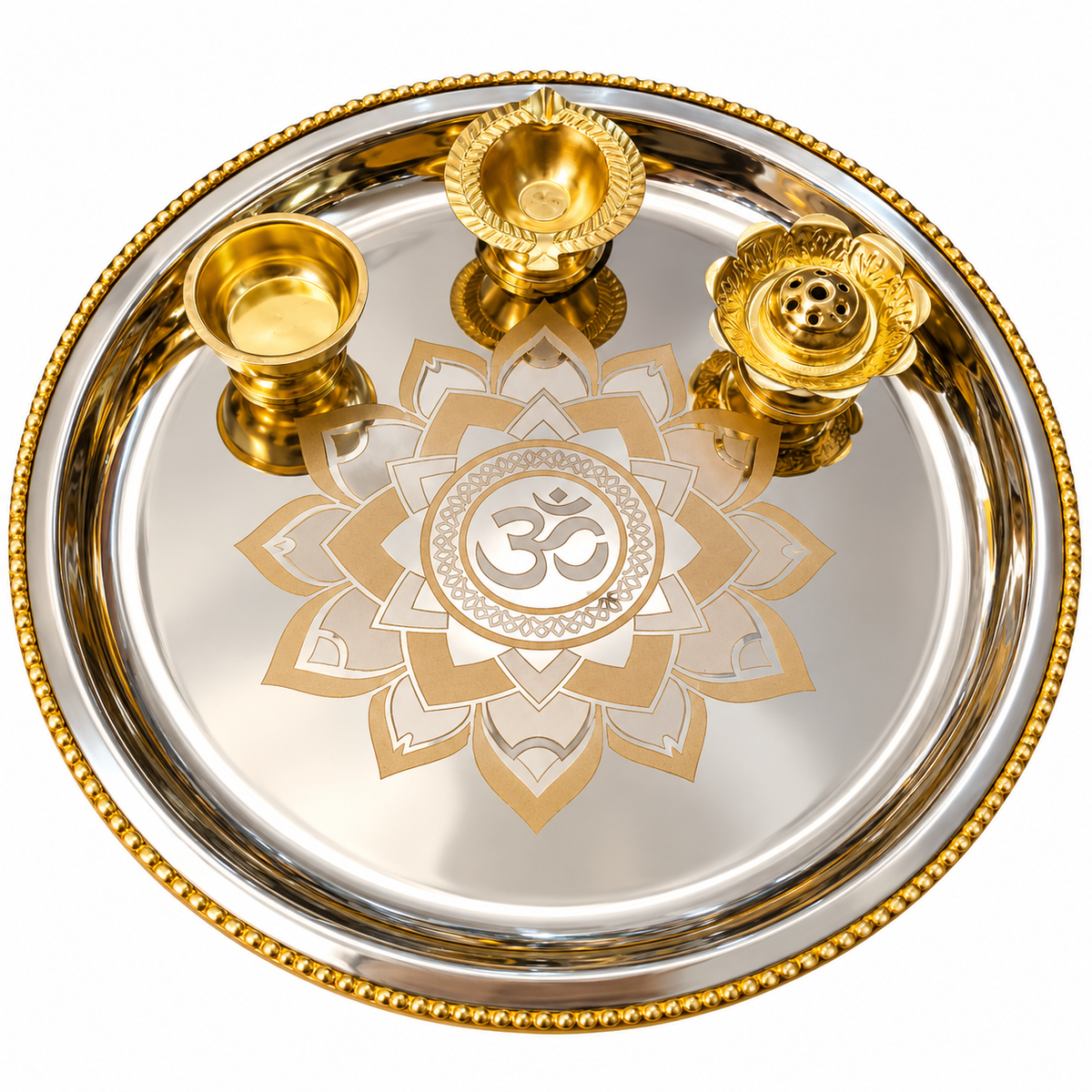 Genex Steel Pooja Thali with Brass Corner | Steel & Brass | Puja Plate | Festival Special