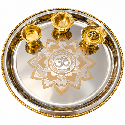 Genex Steel Pooja Thali with Brass Corner | Steel & Brass | Puja Plate | Festival Special