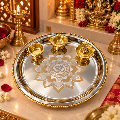 Genex Steel Pooja Thali with Brass Corner | Steel & Brass | Puja Plate | Festival Special