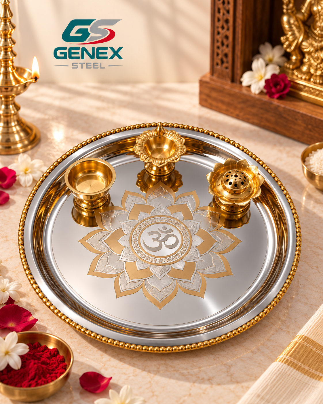 Genex Steel Pooja Thali with Brass Corner | Steel & Brass | Puja Plate | Festival Special