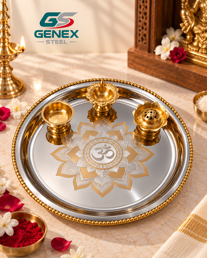 Genex Steel Pooja Thali with Brass Corner | Steel & Brass | Puja Plate | Festival Special