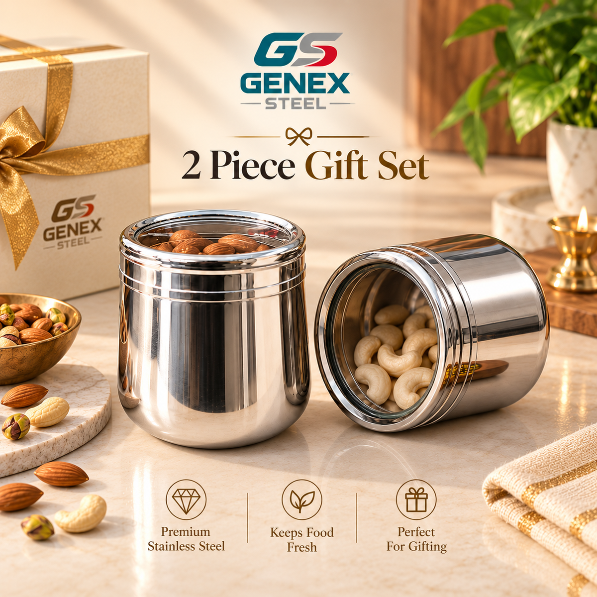 Genex Steel 2 Pc Stainless Steel Gift Set | Premium Packaging | Corporate & Festival Gifting