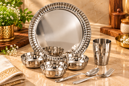 Genex Steel Stainless Steel Thali Set | Complete Dining Thali | Family Meal Set | Made in India
