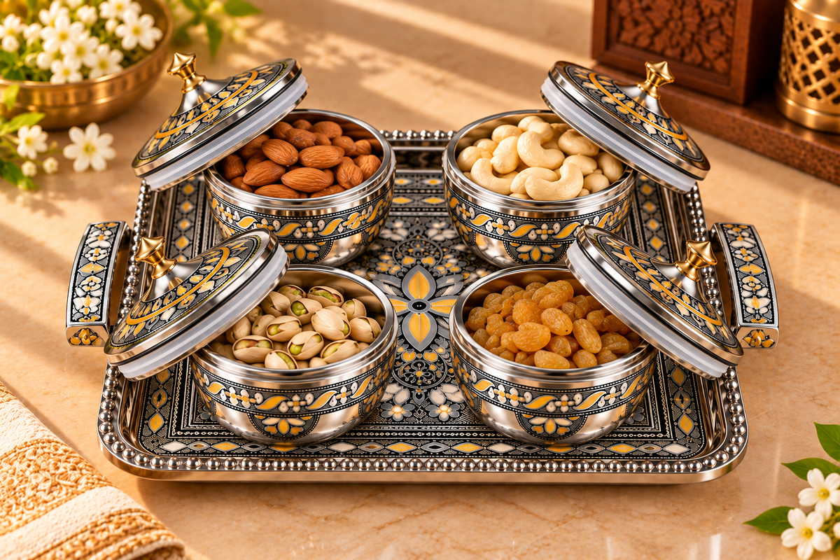 Genex Steel Antique Dry Fruit Set | Premium Gifting Box | Stainless Steel | Diwali & Festival Special