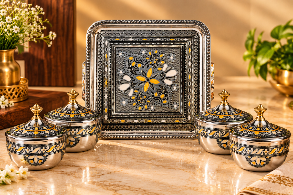 Genex Steel Antique Dry Fruit Set | Premium Gifting Box | Stainless Steel | Diwali & Festival Special