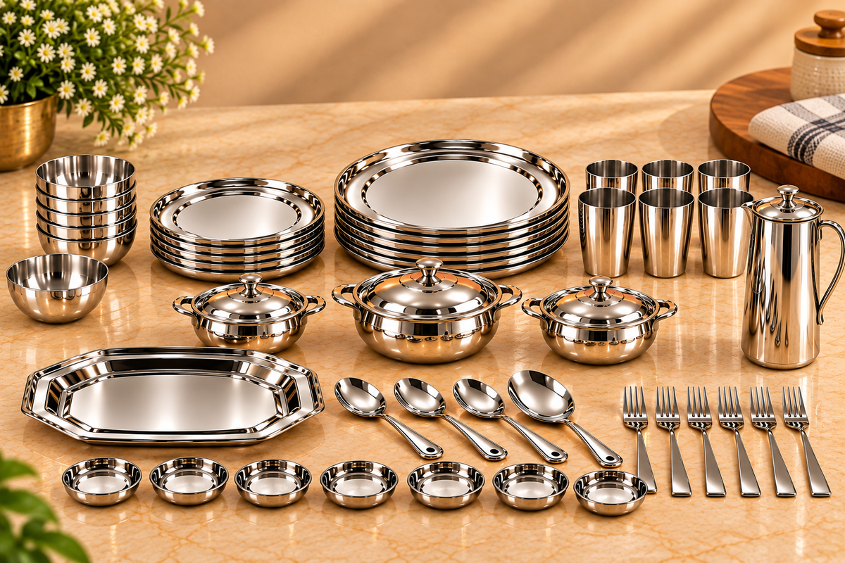 Genex Steel Premium Dinner Set 57 Pcs | Free Triply Karahi Worth ₹2499 | Complete Family Dining