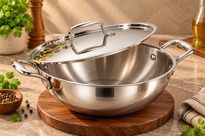 Genex Steel Triply Stainless Steel Kadhai with Lid | Induction & Gas Ready | Made in India