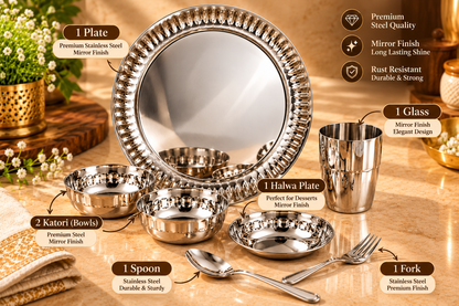 Genex Steel Stainless Steel Thali Set | Complete Dining Thali | Family Meal Set | Made in India