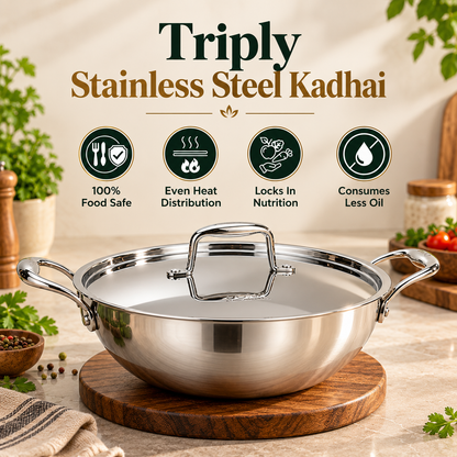 Genex Steel Triply Stainless Steel Kadhai with Lid | Induction & Gas Ready | Made in India