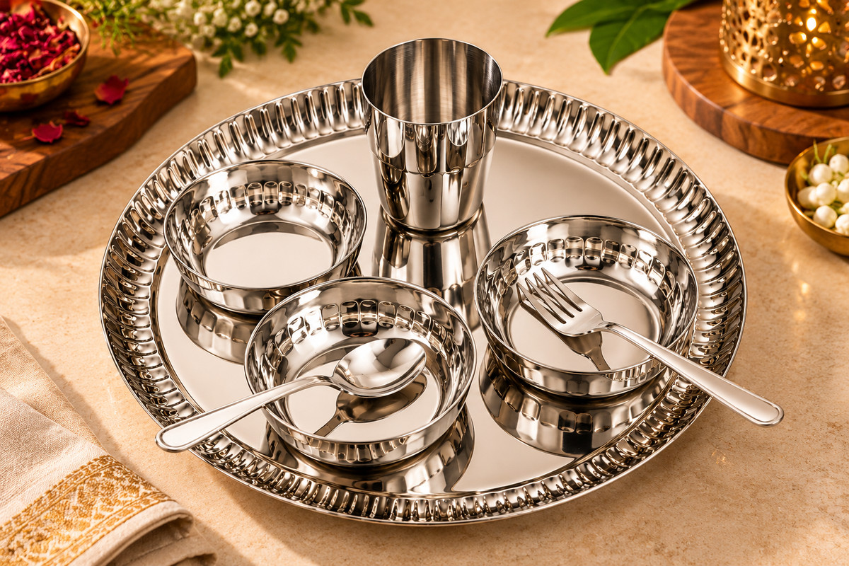 Genex Steel Stainless Steel Thali Set | Complete Dining Thali | Family Meal Set | Made in India