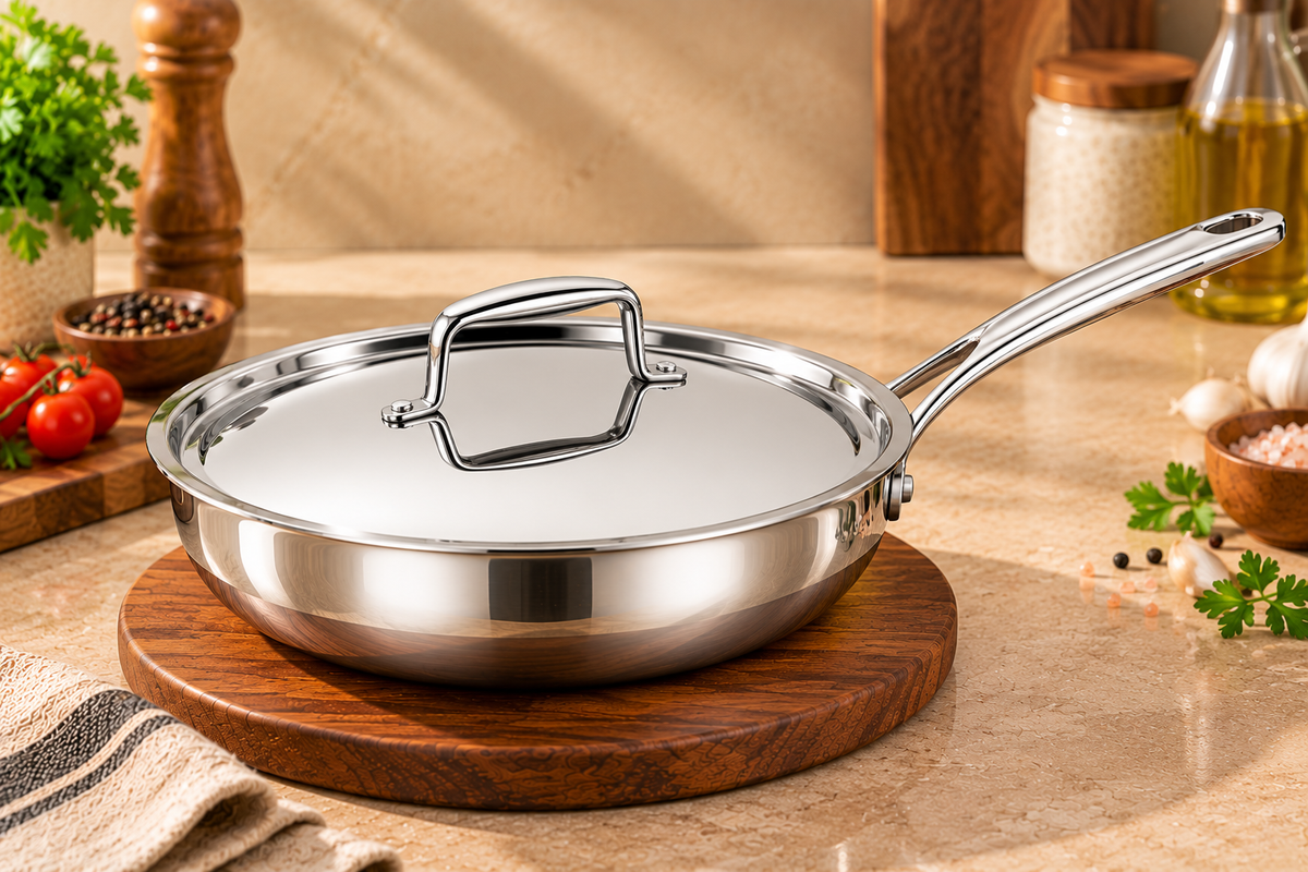 Genex Steel Triply Stainless Steel Frypan with Lid | Induction & Gas Ready | Made in India