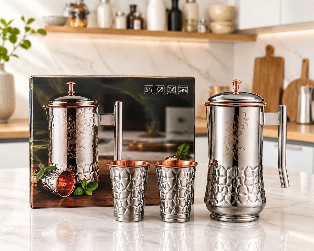 Genex Steel 3 Pc Jug Set with Copper-Lined Interior | Stainless Steel | Ayurvedic Water Storage
