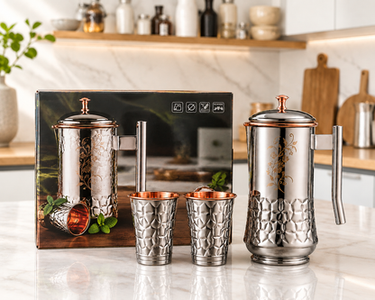 Genex Steel 3 Pc Jug Set with Copper-Lined Interior | Stainless Steel | Ayurvedic Water Storage
